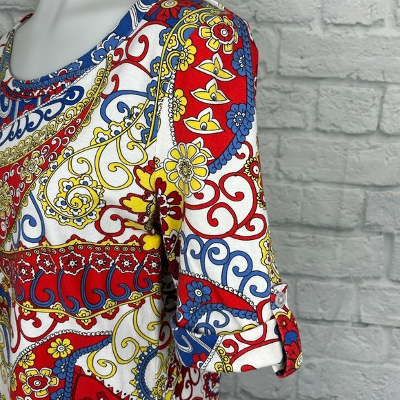 Talbots Large Excellent Top Paisley Red Blue Yellow Short Sleeve Stretch Cotton - Picture 5 of 10